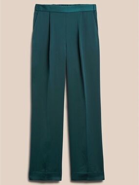 NWT Banana Republic XS Dark Teal Satin Wide Leg Pleated Pull-On Trousers Flowy
